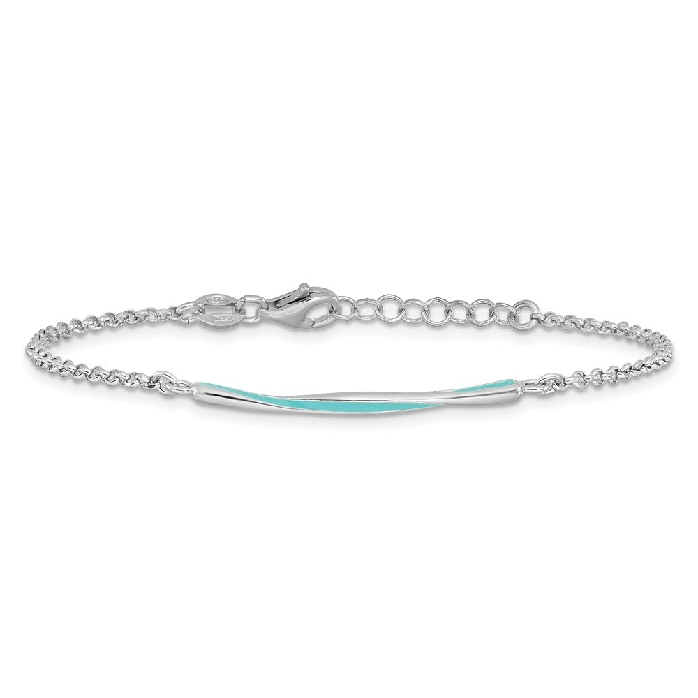 Sterling Silver Rhodium Pl Aqua Enamel W/ .75In Ext. Bracelet