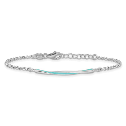 Sterling Silver Rhodium Pl Aqua Enamel W/ .75In Ext. Bracelet