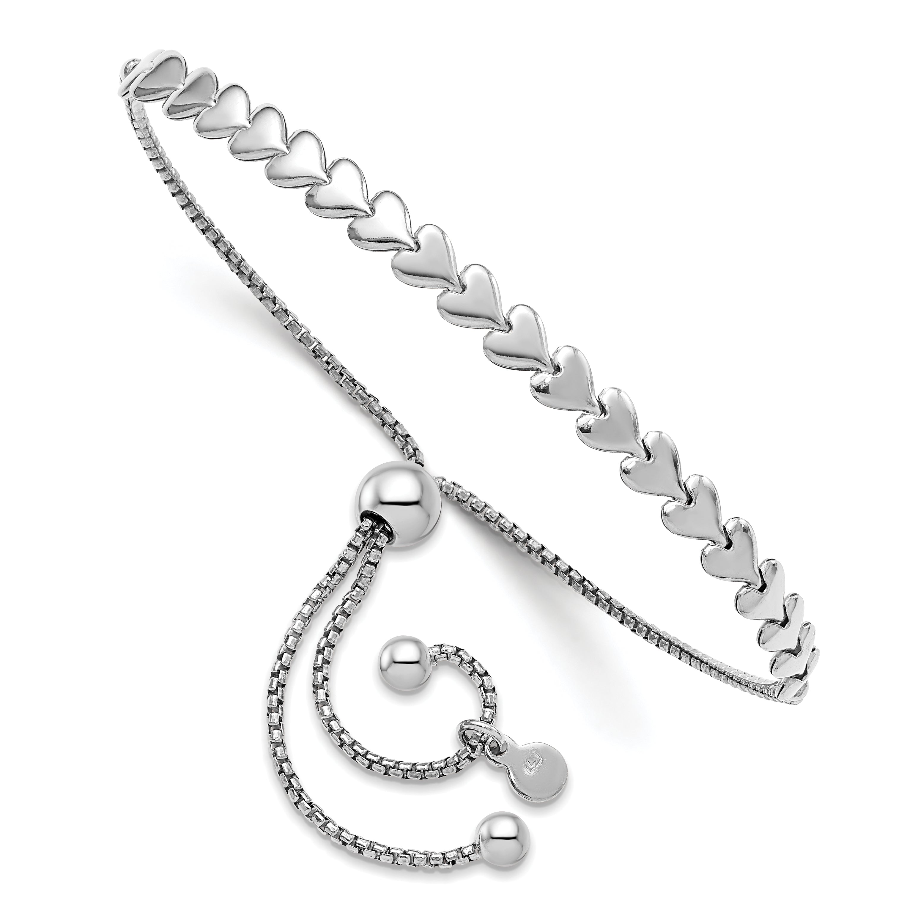 Sterling Silver Rhodium Plated Polished Heart Bolo Bracelet