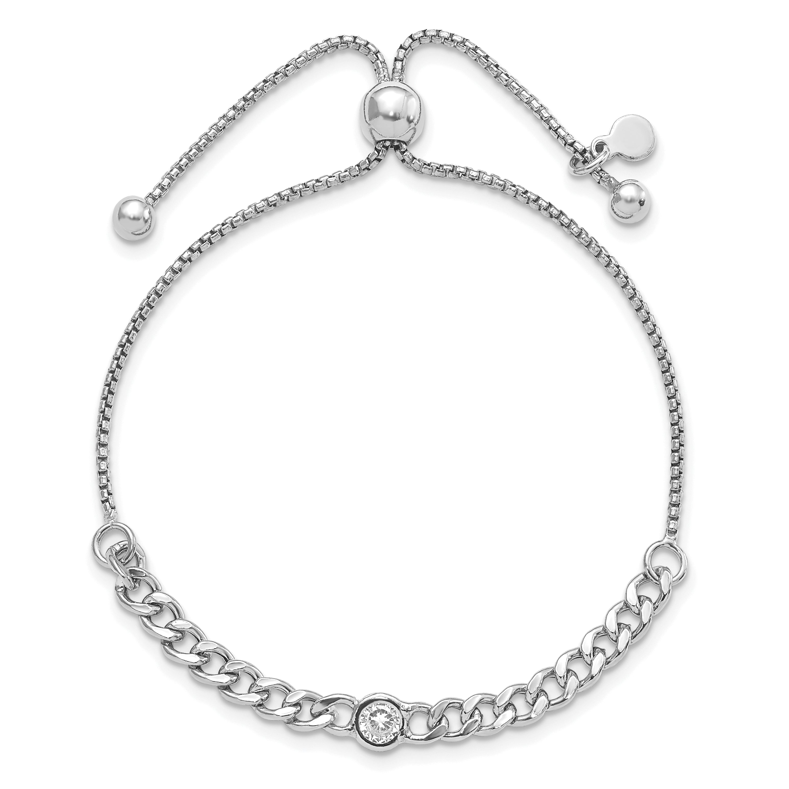 Sterling Silver Rhodium Plated Polished Cz Bolo Bracelet