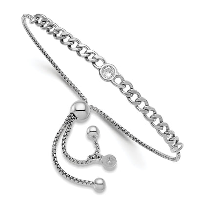 Sterling Silver Rhodium Plated Polished Cz Bolo Bracelet