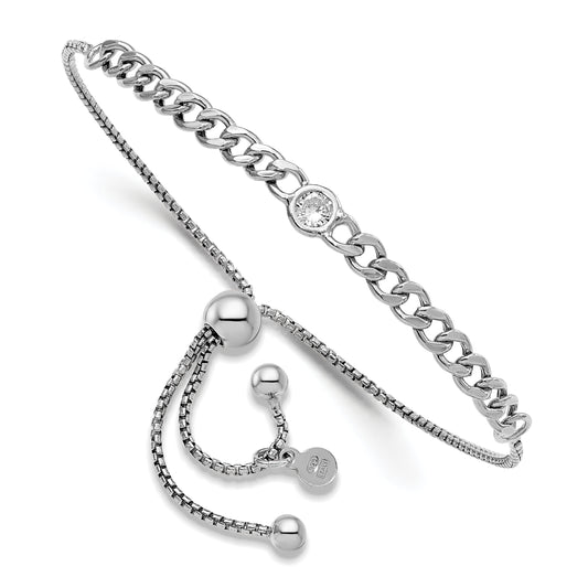 Sterling Silver Rhodium Plated Polished Cz Bolo Bracelet