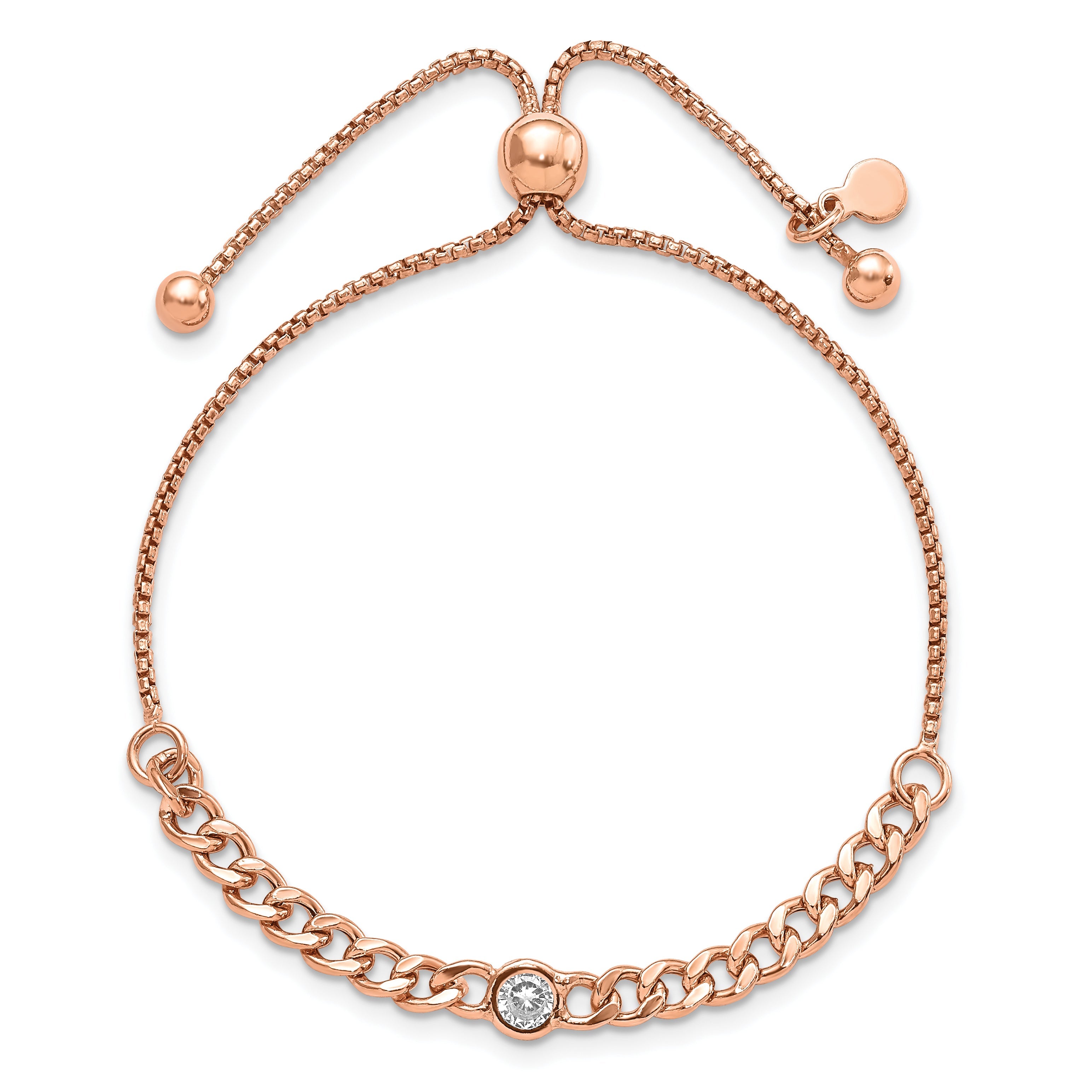 Sterling Silver Rose Tone Polished Cz Bolo Bracelet