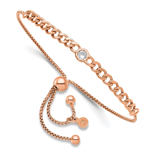 Sterling Silver Rose Tone Polished Cz Bolo Bracelet