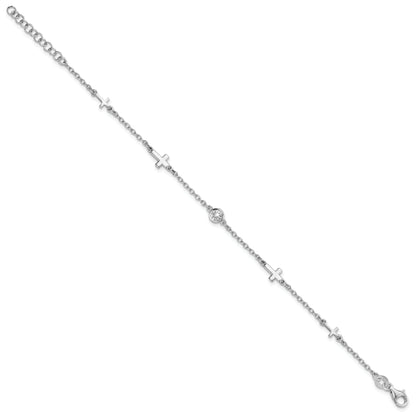 Sterling Silver Rhodium Plated Cz Cross W/ 1In Ext. Bracelet