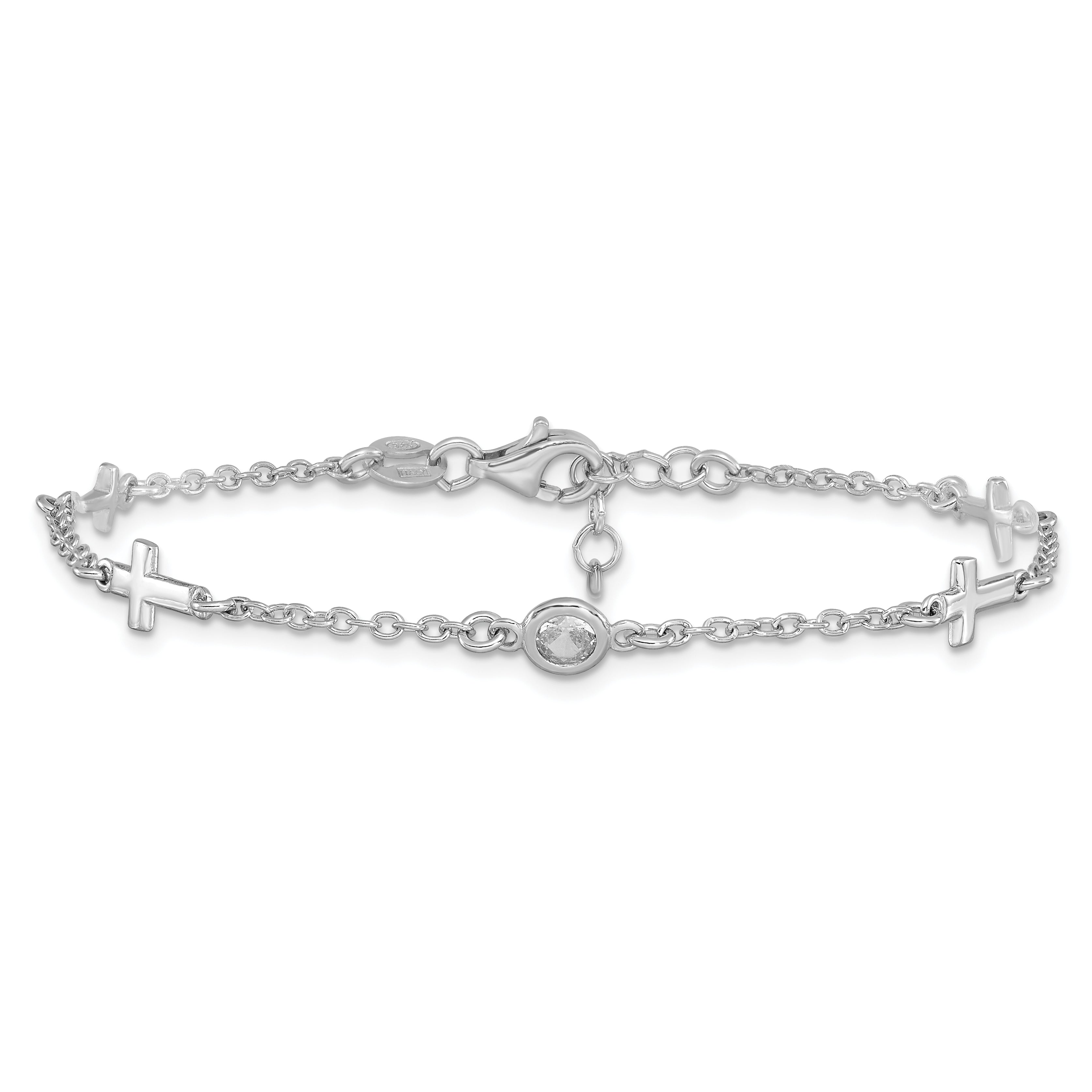 Sterling Silver Rhodium Plated Cz Cross W/ 1In Ext. Bracelet