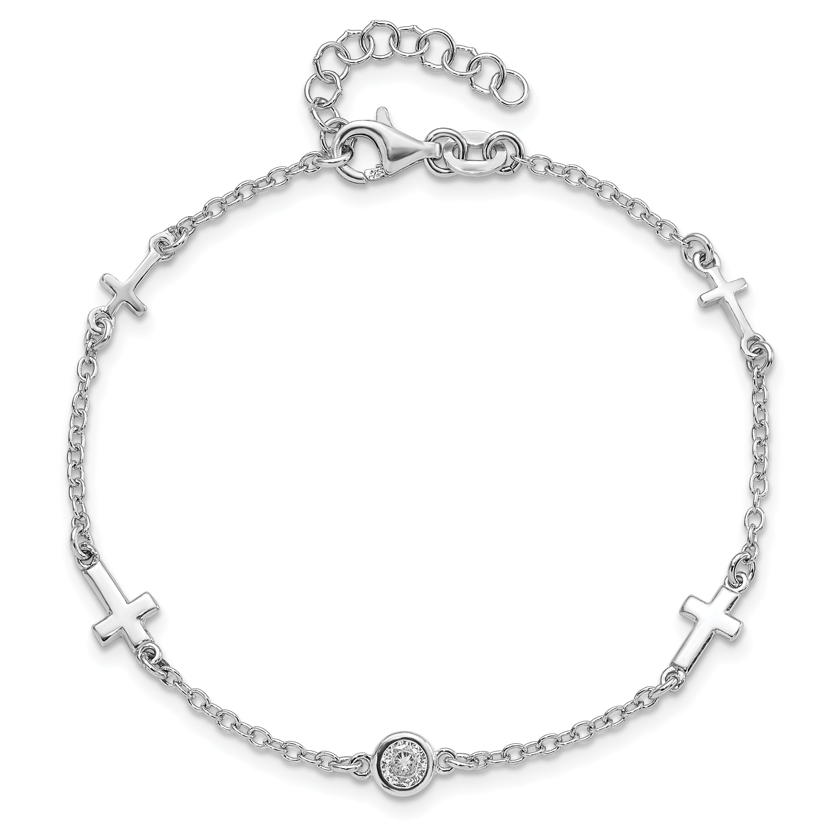 Sterling Silver Rhodium Plated Cz Cross W/ 1In Ext. Bracelet