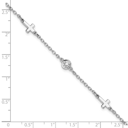 Sterling Silver Rhodium Plated Cz Cross W/ 1In Ext. Bracelet