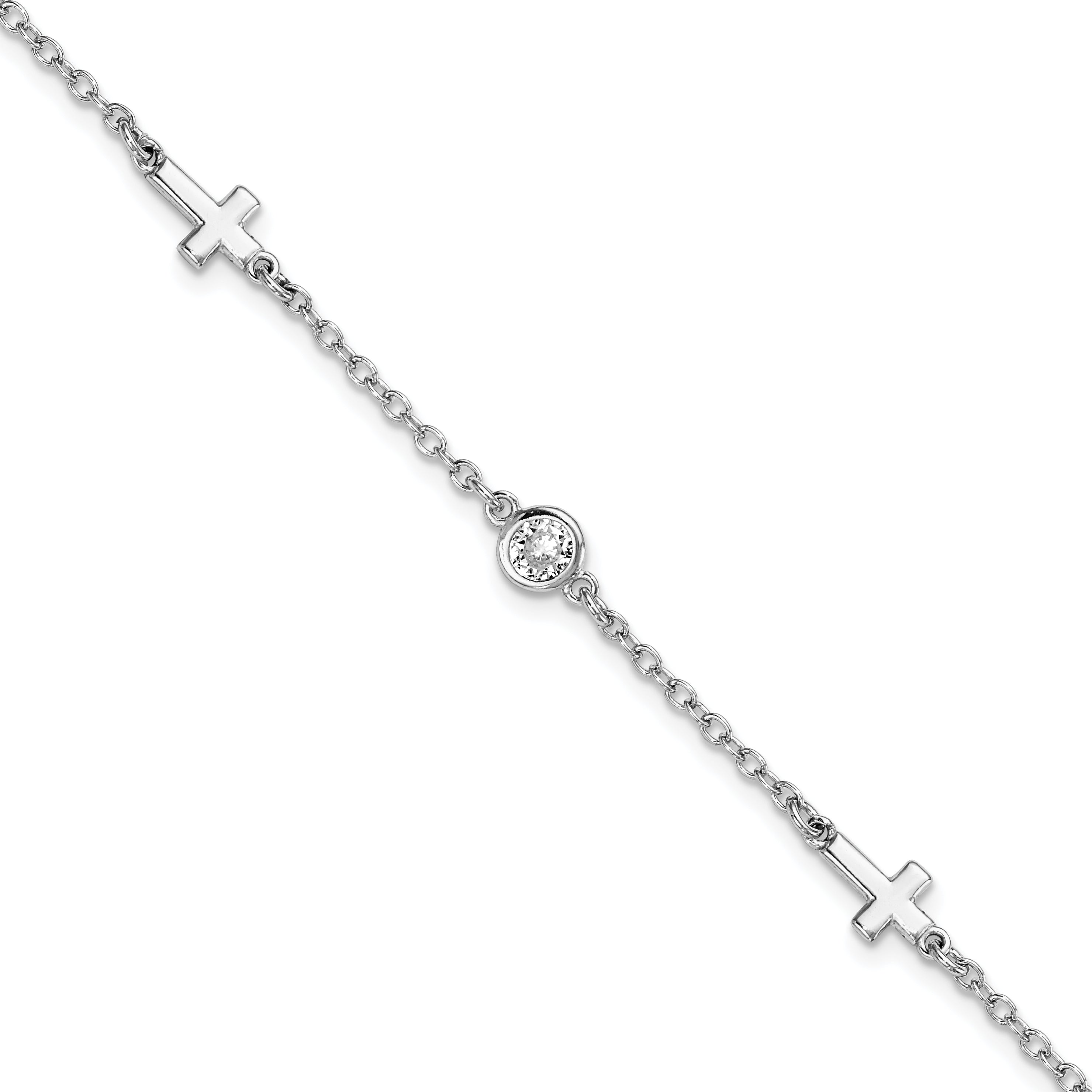 Sterling Silver Rhodium Plated Cz Cross W/ 1In Ext. Bracelet