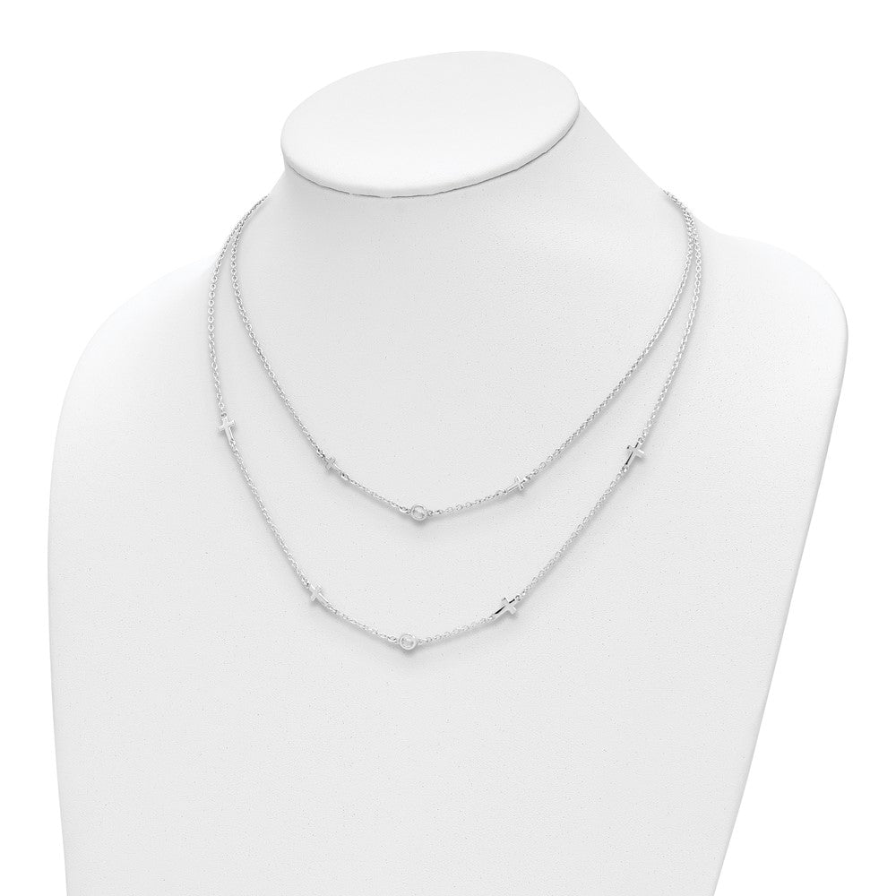 Sterling Silver Rhod Pl Cz Cross Multi Strand W/ 2In Ext. Necklace