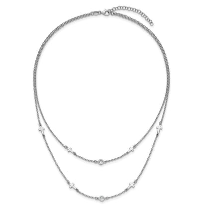Sterling Silver Rhod Pl Cz Cross Multi Strand W/ 2In Ext. Necklace