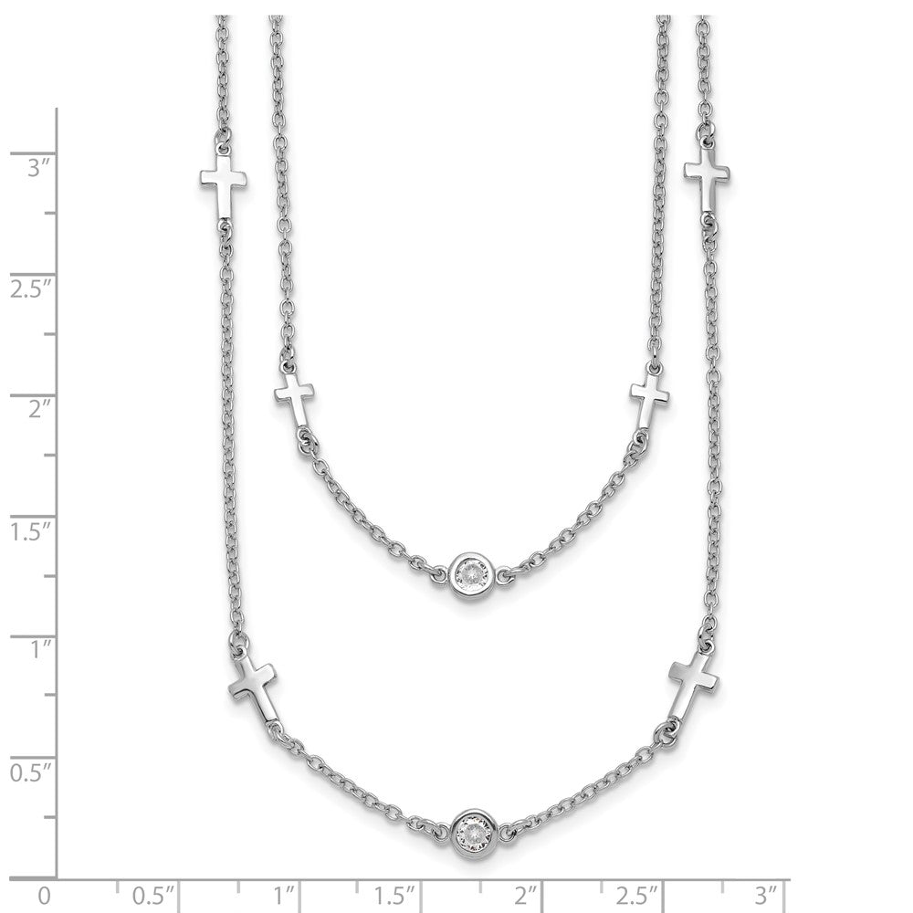 Sterling Silver Rhod Pl Cz Cross Multi Strand W/ 2In Ext. Necklace