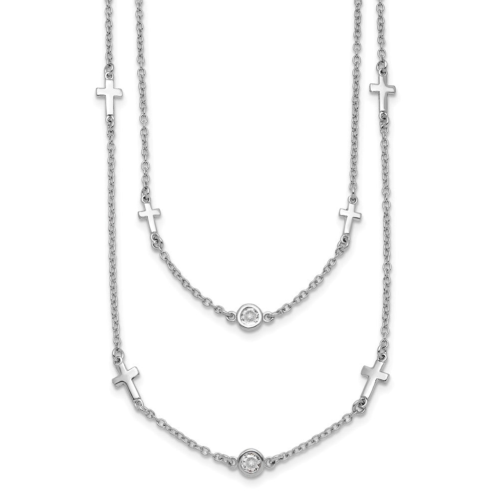 Sterling Silver Rhod Pl Cz Cross Multi Strand W/ 2In Ext. Necklace