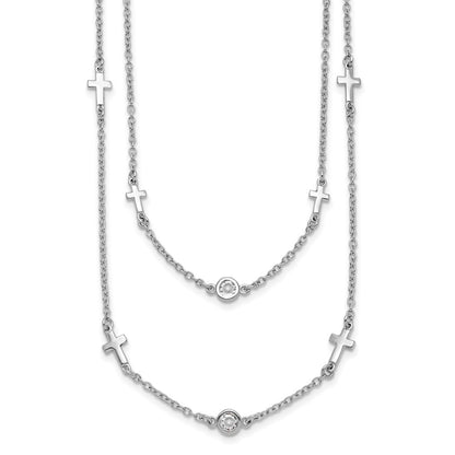 Sterling Silver Rhod Pl Cz Cross Multi Strand W/ 2In Ext. Necklace