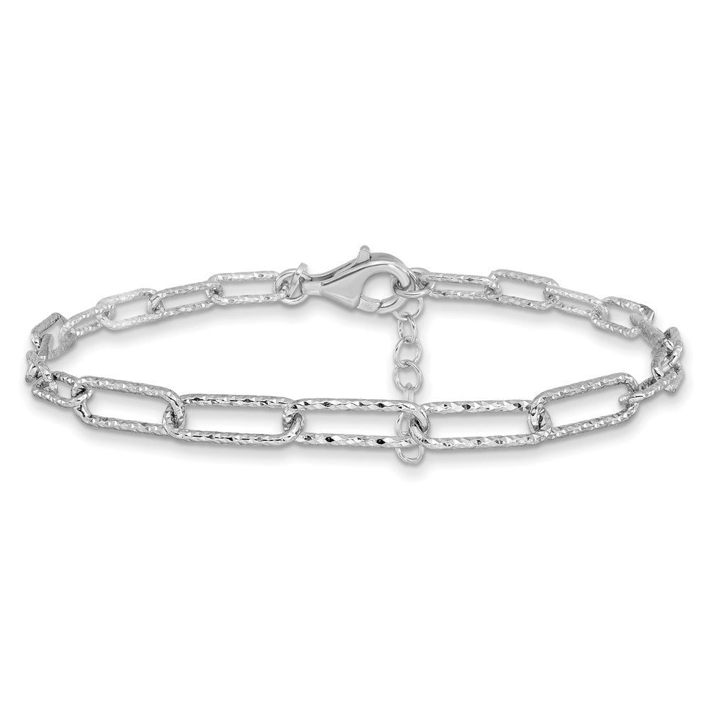 Sterling Silver Rh Plated Dia Cut Link 1In Ext. Bracelet