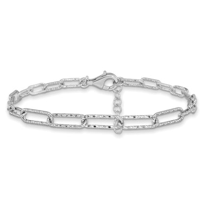 Sterling Silver Rh Plated Dia Cut Link 1In Ext. Bracelet