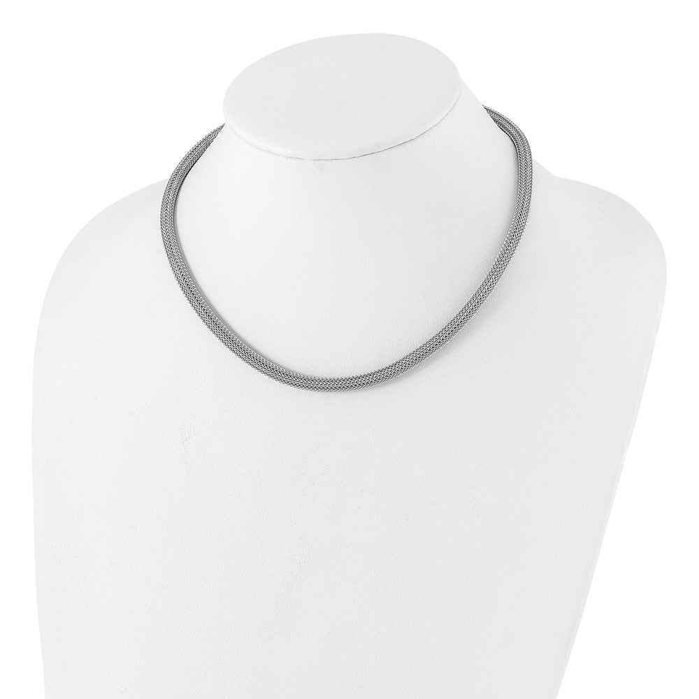 Sterling Silver Rhodium Plated Polished Mesh Woven Necklace