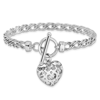Sterling Silver Rh Plated Polished With Heart Charm Bracelet