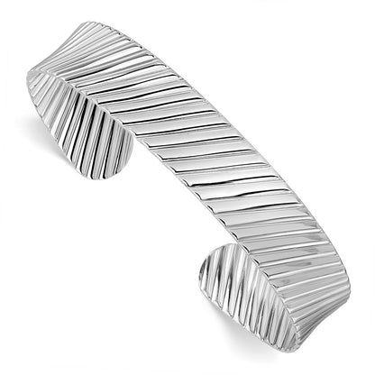 Sterling Silver Rh Plated Polished And Grooved Cuff Bracelet