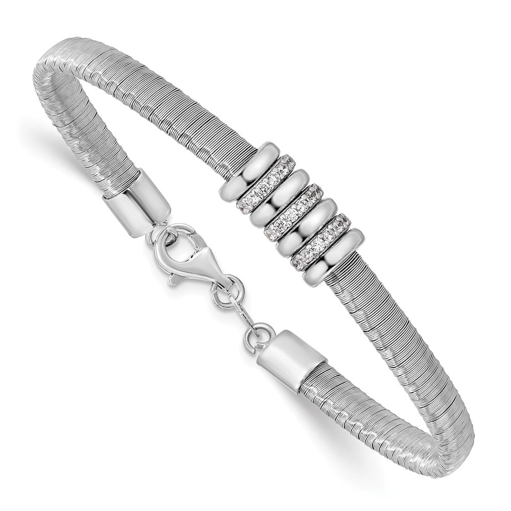 Sterling Silver Rh Plated Cz 1In Safety Chain Flex Bangle
