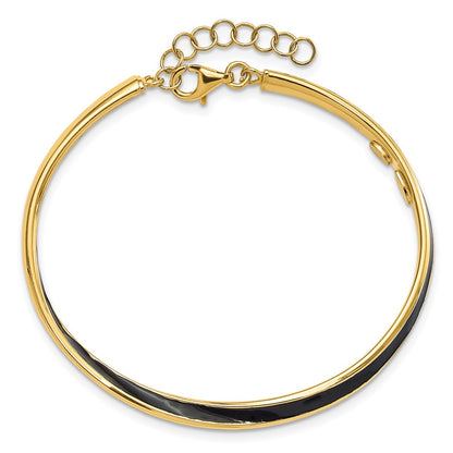 Sterling Silver Gold Tone Blk Enamel 1In Ext Chain Bangle