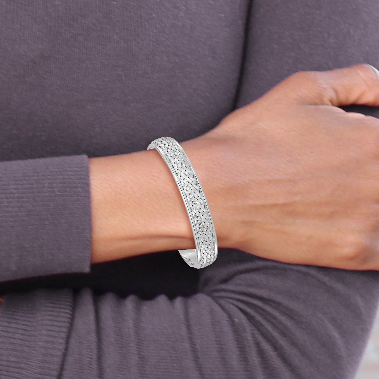 Sterling Silver Rhodium Plated Polished And Textured Cuff Bangle