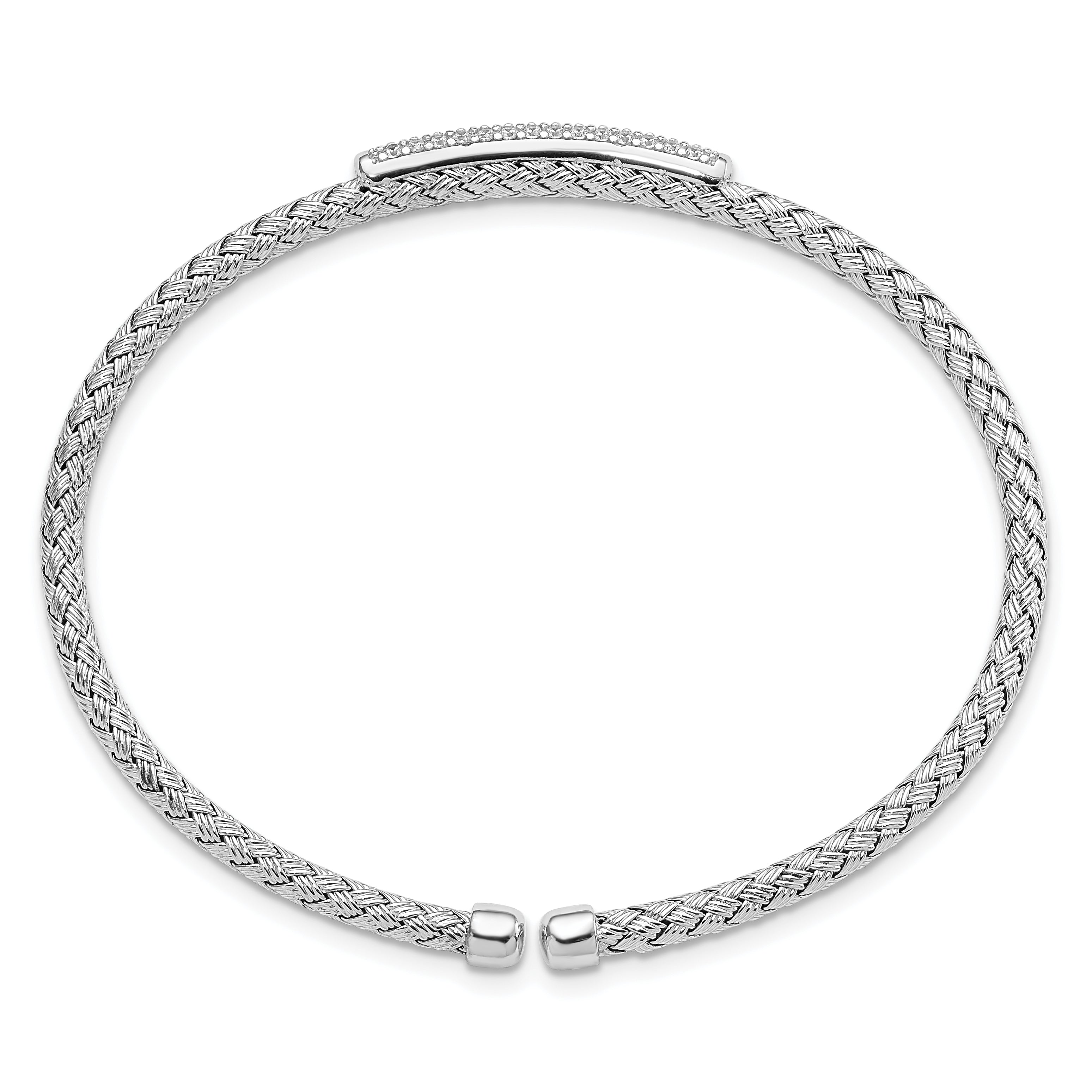 Sterling Silver Rh Plated Cz Woven Flexible Cuff Bangle