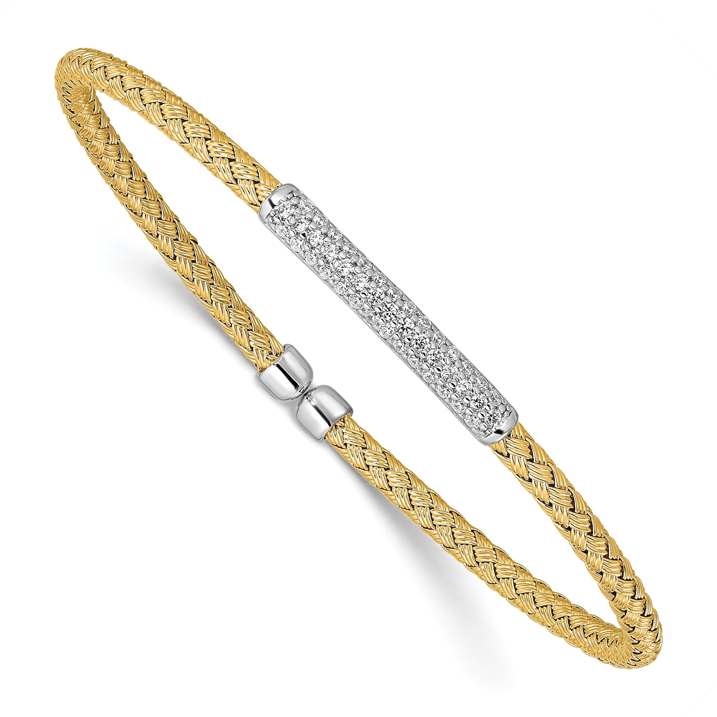 Sterling Silver Rh Plated/Gold Plated Cz Flexible Cuff Bangle
