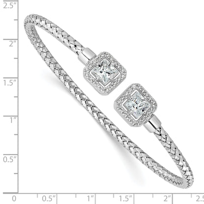 Sterling Silver Rh Plated Cz Polished Square Halo Cuff Bangle
