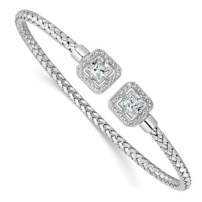 Sterling Silver Rh Plated Cz Polished Square Halo Cuff Bangle