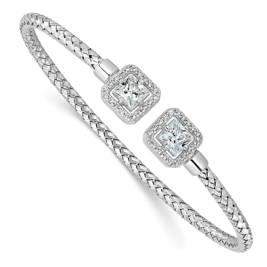Sterling Silver Rh Plated Cz Polished Square Halo Cuff Bangle