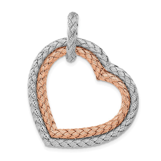 Sterling Silver Rh Plat And Rose Plated Woven Hearts Pendant