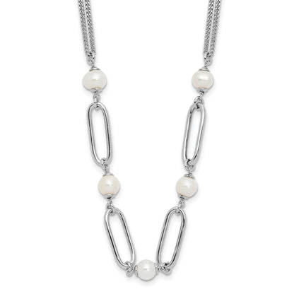 Sterling Silver Rh Plated Polished Fwc Pearls 2In Ext. Necklace