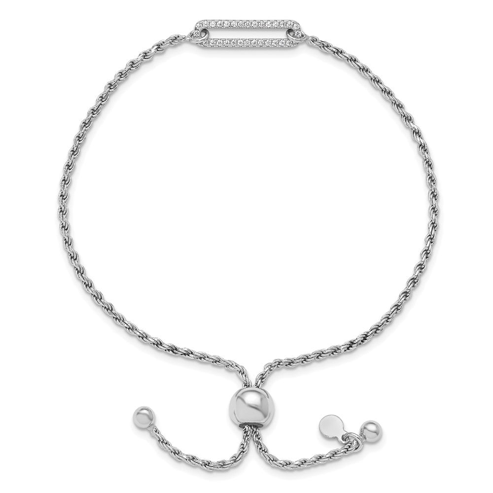 Sterling Silver Rh Plated Polished Cz Adjustable Bracelet