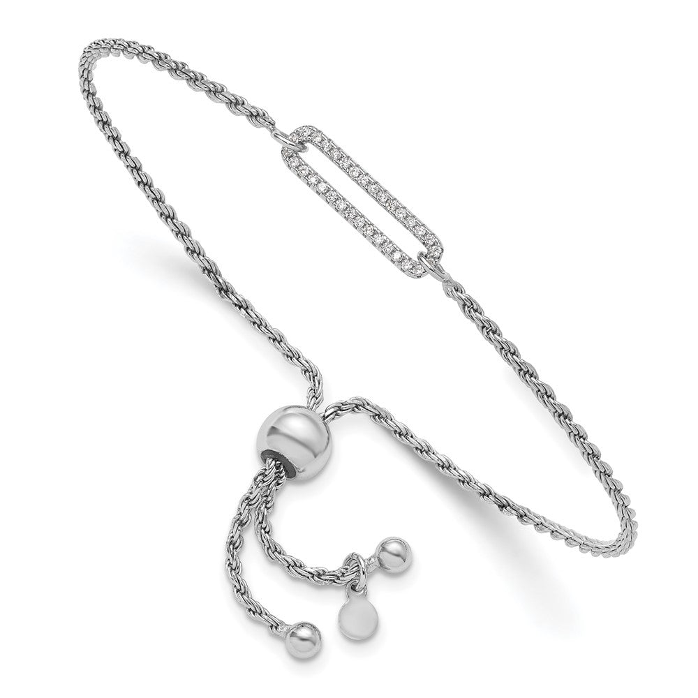 Sterling Silver Rh Plated Polished Cz Adjustable Bracelet