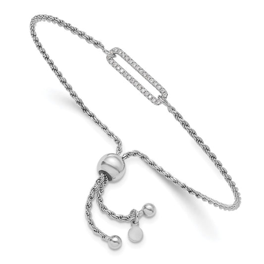 Sterling Silver Rh Plated Polished Cz Adjustable Bracelet
