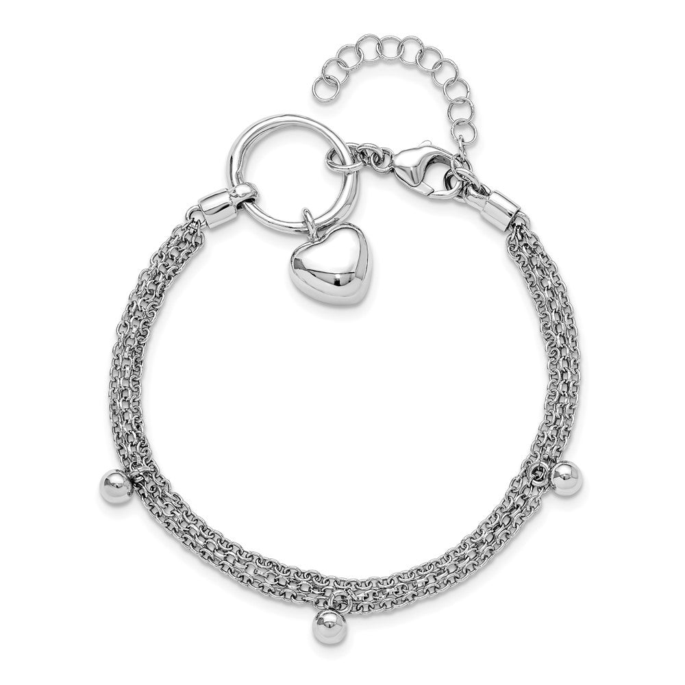 Sterling Silver Rh Plated Heart 3 Strand W/ 1In Ext. Bracelet