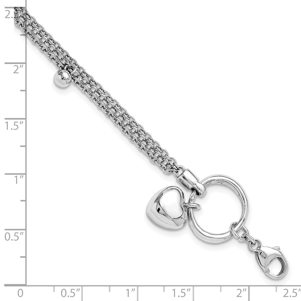 Sterling Silver Rh Plated Heart 3 Strand W/ 1In Ext. Bracelet