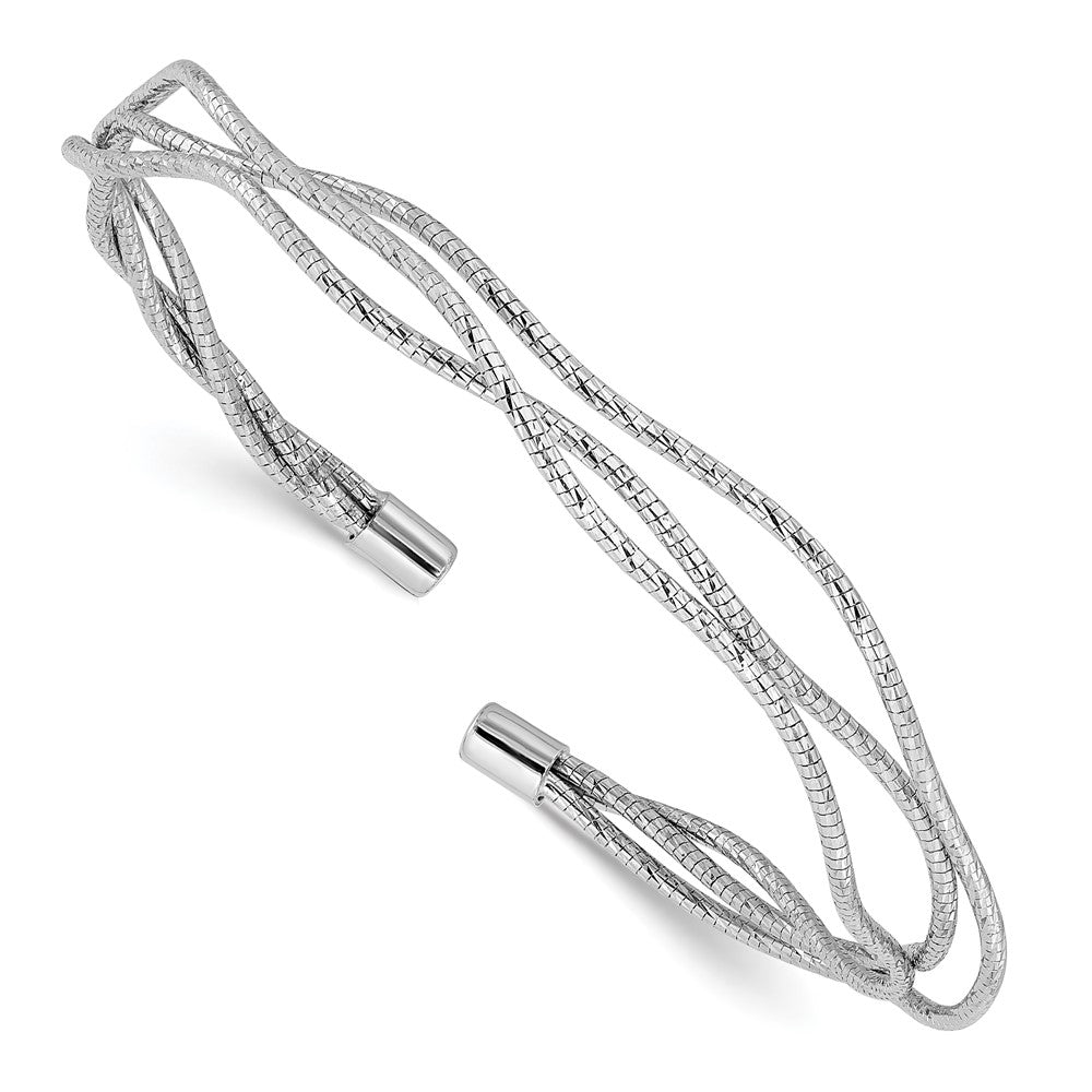 Sterling Silver Rh Plated Polished And Textured Wavy Cuff Bracelet