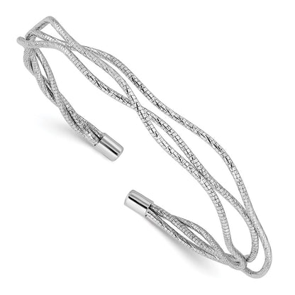Sterling Silver Rh Plated Polished And Textured Wavy Cuff Bracelet