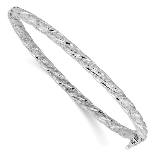 Sterling Silver Rh Plt Polished / Textured Twisted Hinged Bangle