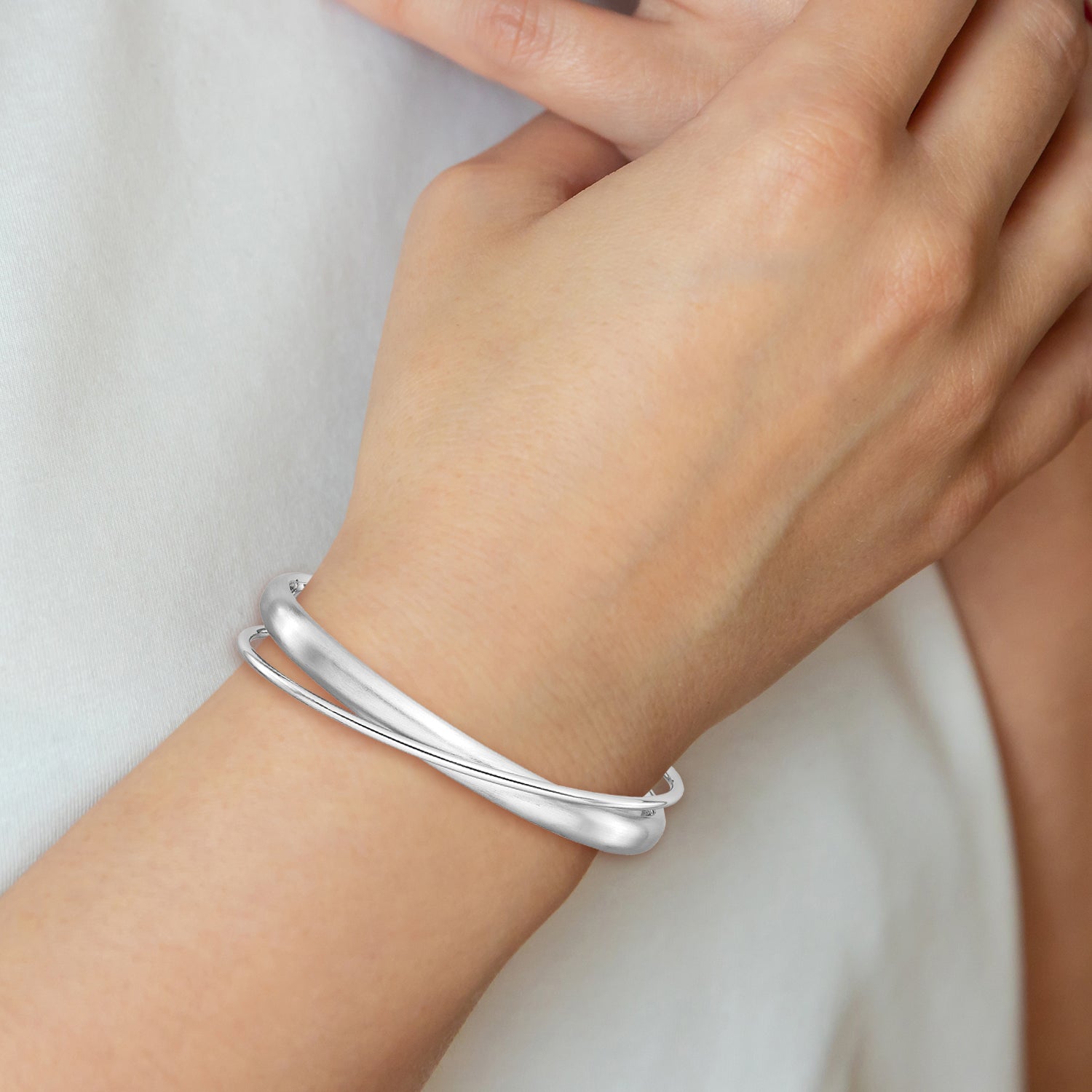 Sterling Silver Rhodium Plt Satin Polished Criss Cross Cuff Bangle