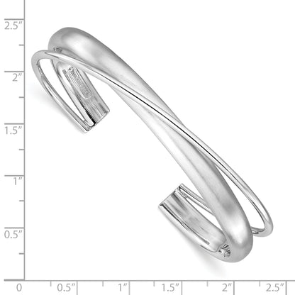 Sterling Silver Rhodium Plt Satin Polished Criss Cross Cuff Bangle
