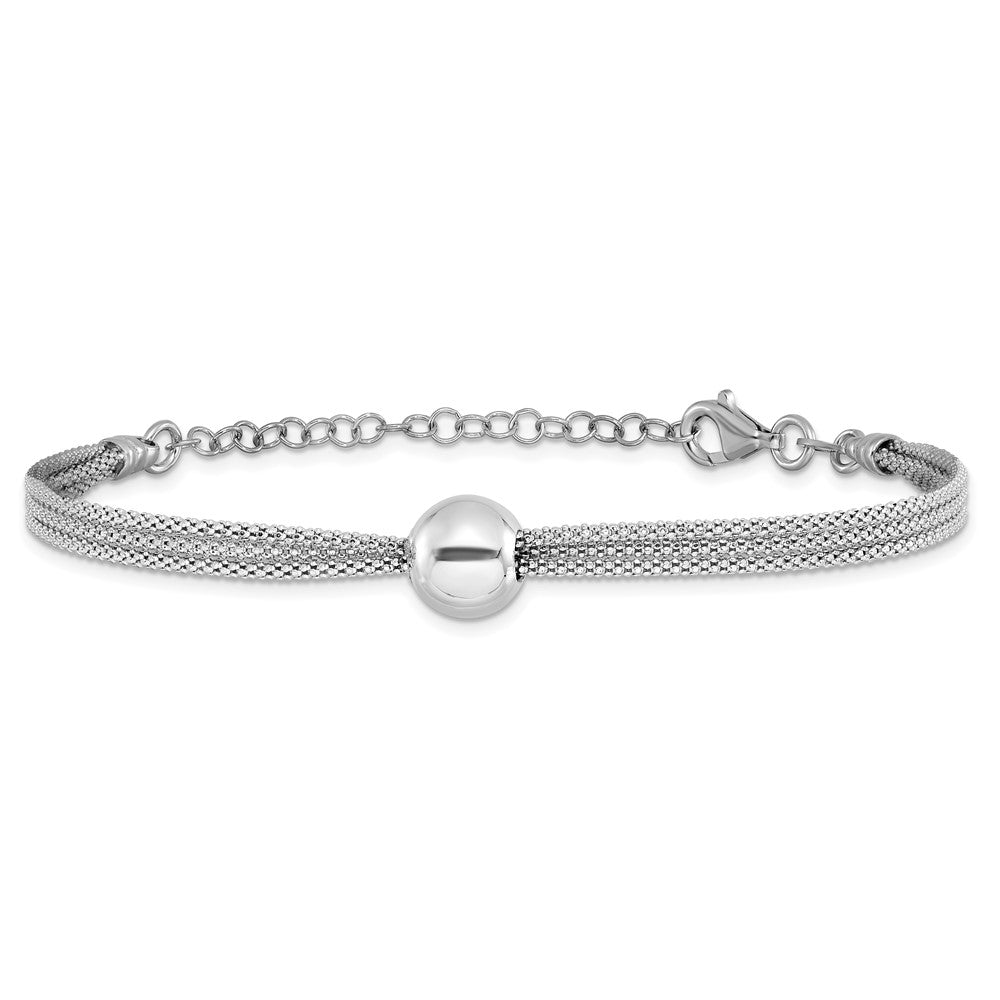 Sterling Silver Rh Plt Polished 3 Strand Bead 2In Ext. Bracelet
