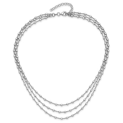 Sterling Silver Rh Plated 3 Strand Beaded 16In 2In Ext. Necklace