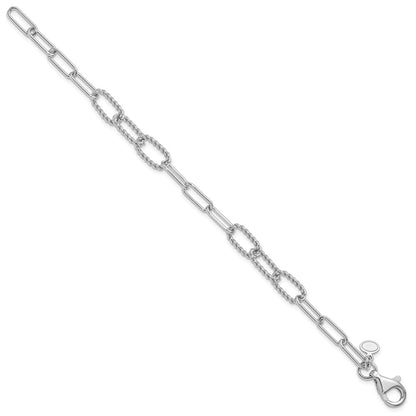 Sterling Silver Rh Plated Polished/Textured Fancy Link Bracelet