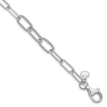Sterling Silver Rh Plated Polished/Textured Fancy Link Bracelet