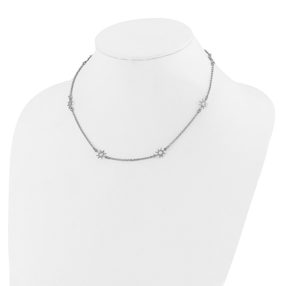 Sterling Silver Rhodium Plated Polished Suns 1In Ext. Necklace