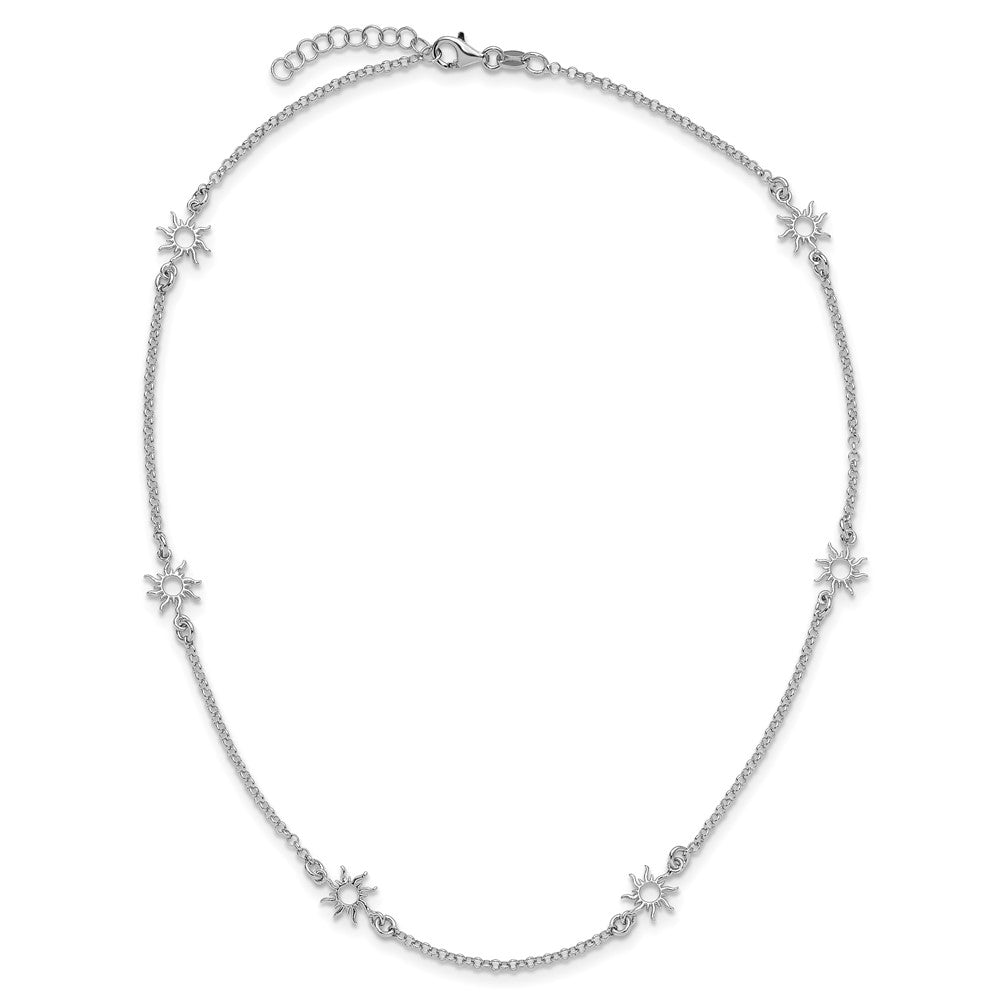 Sterling Silver Rhodium Plated Polished Suns 1In Ext. Necklace