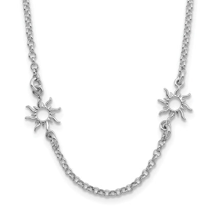 Sterling Silver Rhodium Plated Polished Suns 1In Ext. Necklace
